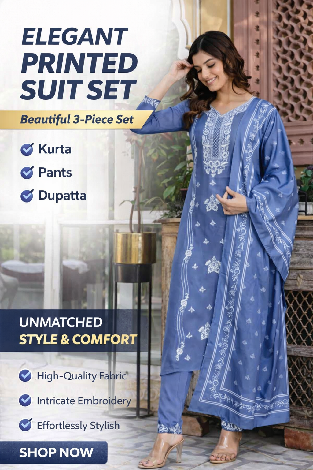 Women's Bollywood Style Embroidered Silk Kurta Set | Printed Cotton Suit with Intricate Neck Embroidery